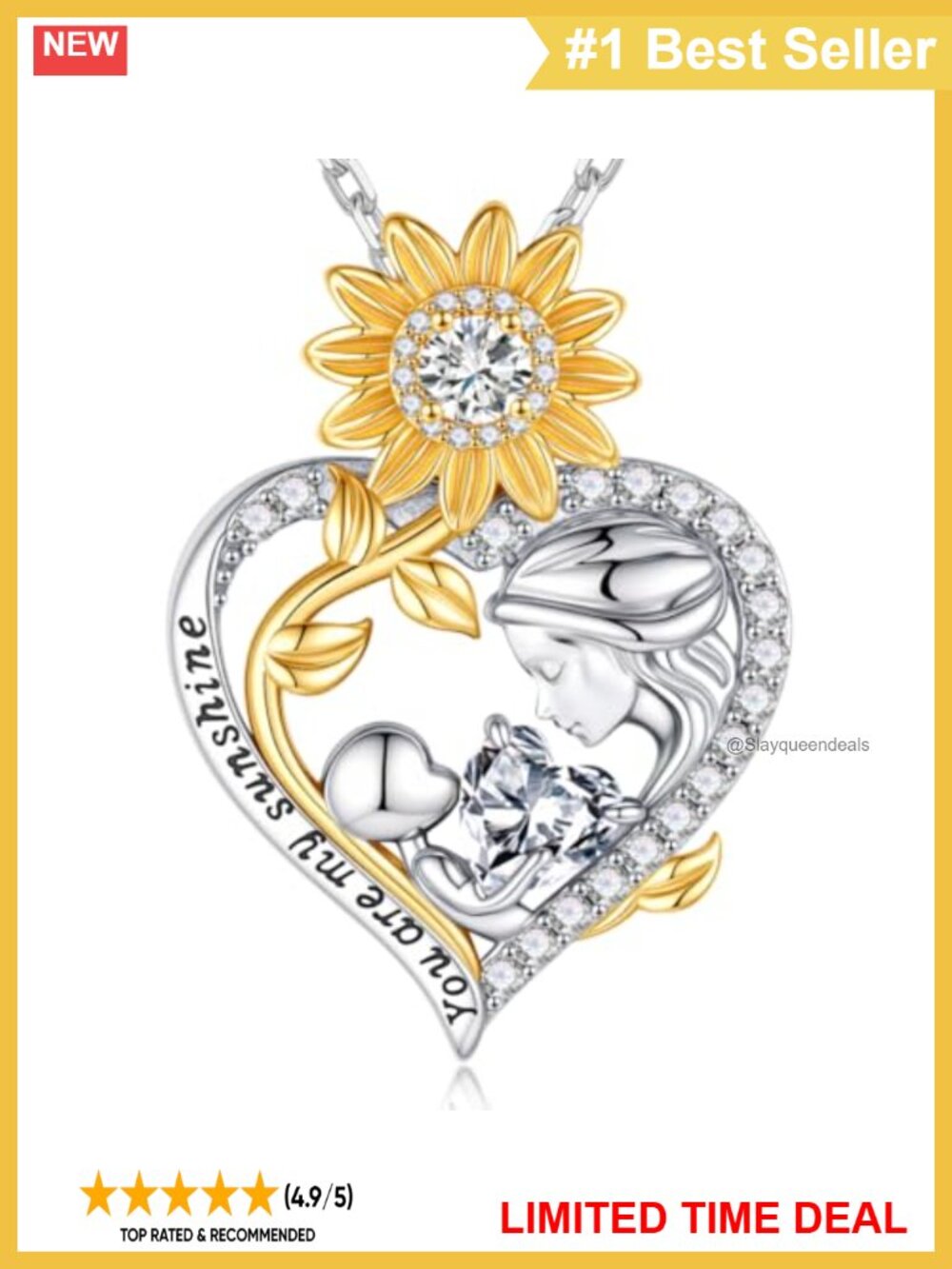 925 Sterling Silver Sunflower Heart Birthstone Pendant Necklace